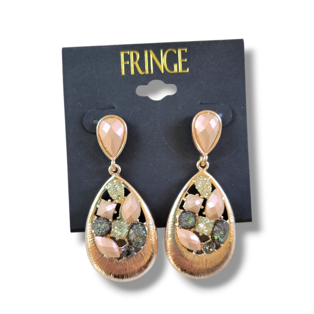 Fringe | NWOT Pretty Gold Tone Crystal & Stone Teardrop Earrings